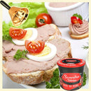 Canned pork pate and preserved vegetables from Scandia Sibiu in a glass jar with label showing product details